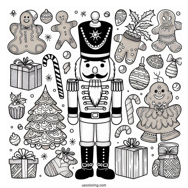 Nutcracker Coloring Page Surrounded By Presents, Gingerbread Men, And Candy Canes