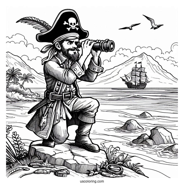 Pirate Coloring Page Surveying An island