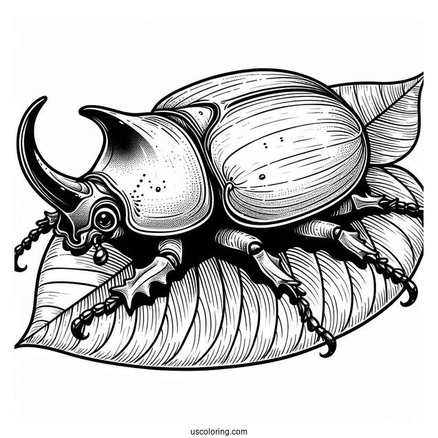 Rhinoceros Beetle Coloring Page On A Leaf