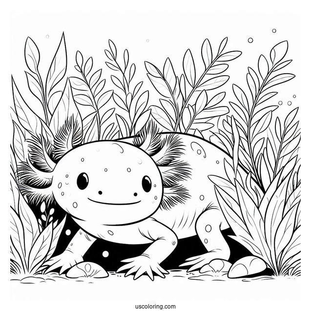 Axolotl Coloring Page Hiding Behind Vegetation