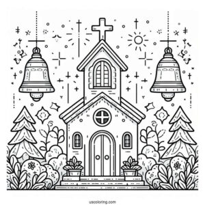 Simple Church Coloring Page With Crosses And Bells For Kids
