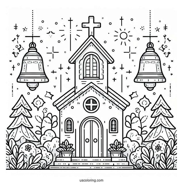 Simple Church Coloring Page With Crosses And Bells For Kids
