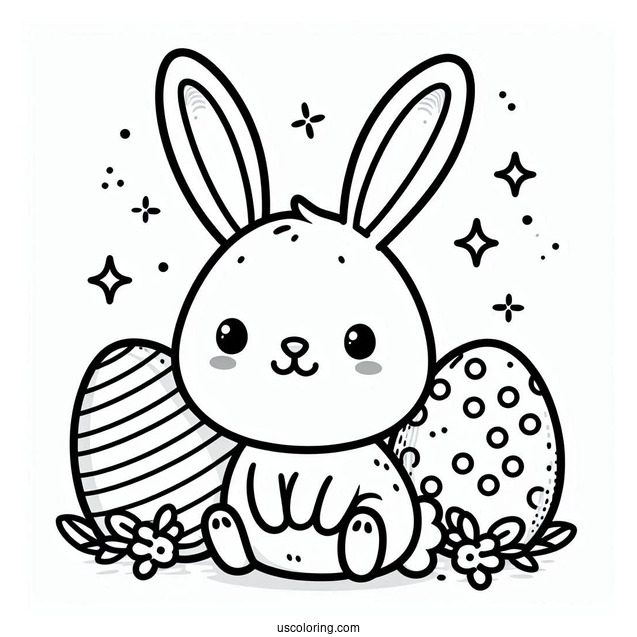 Simple Easter Bunny Coloring Page Outline With Cartoon Eggs