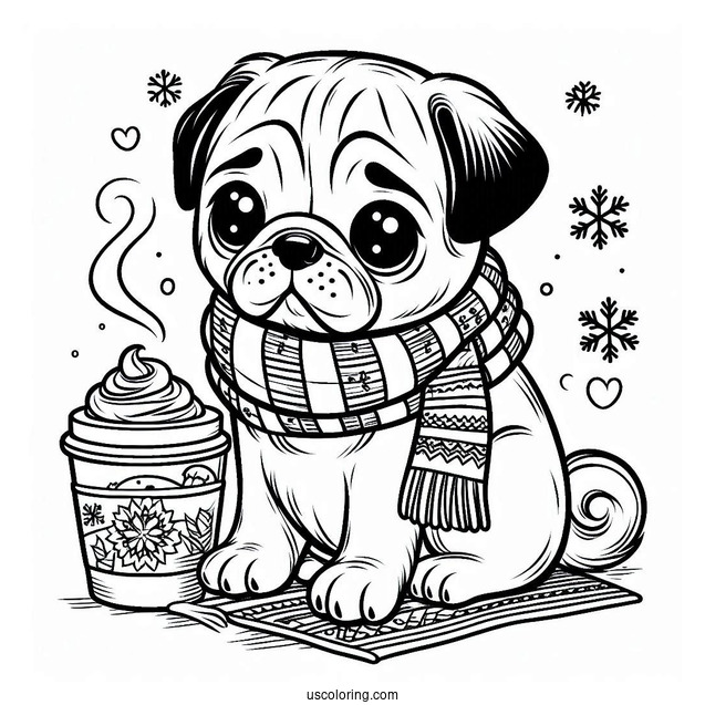 Winter Pug with Latte and Scarf Coloring Page