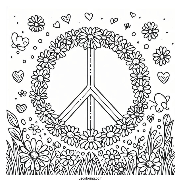 Peace Coloring Page Of Sign On A Flower Field Made Of Daisies