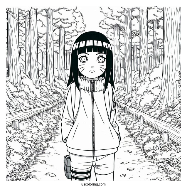 Naruto Coloring Page Of Hinata Hyuga Standing in Forest Path For Kids
