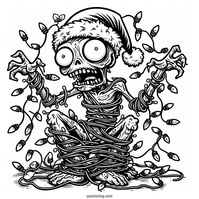 Zombie Tangled In Christmas Lights To Color