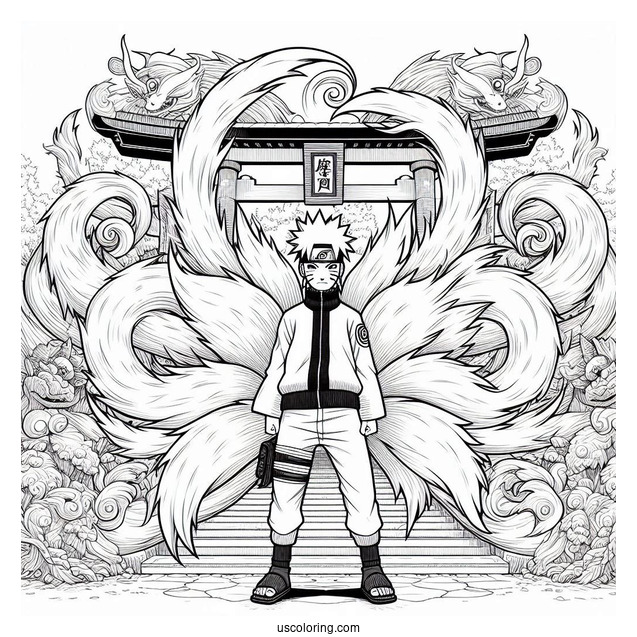 Naruto Coloring Page Of Detailed Kurama Nine Tails In Front Of Torii