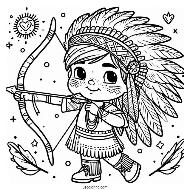 Native American Coloring Page Boy With Bow And Arrow For Kids