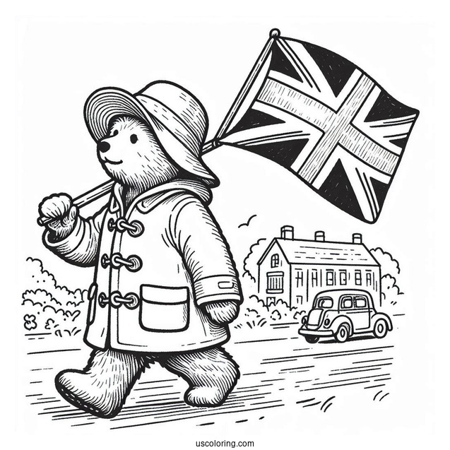Simple Paddington Coloring Page Waving The British Flag While Walking