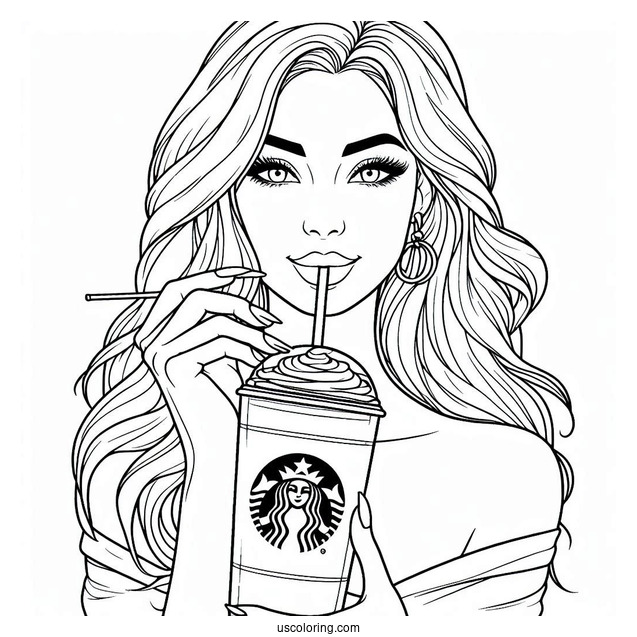 Woman Drinking From A Massive Starbucks Coloring Page Of Cup
