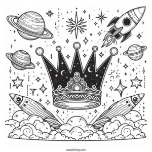 Galactic Crown Coloring Page with Planets, Stars, and Rocket Launch