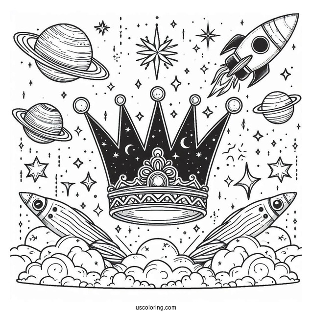 Galactic Crown Coloring Page with Planets, Stars, and Rocket Launch