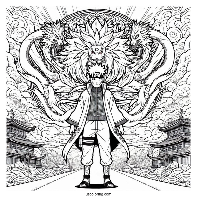 Naruto Coloring Page Of Detailed Kurama Nine Tails In Front Of Torii