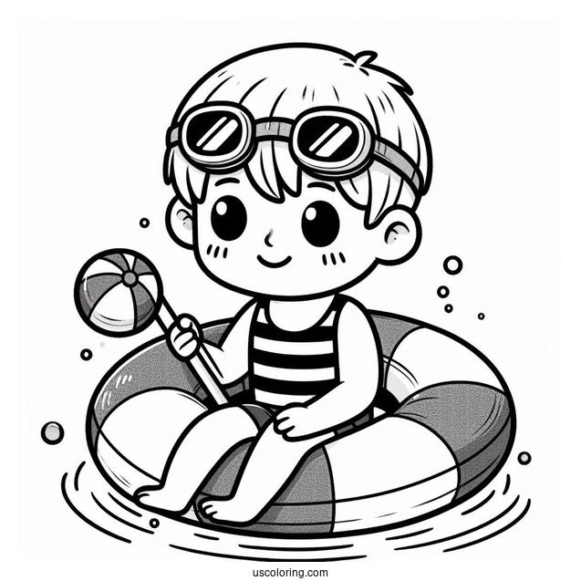 Swimming Coloring Page Of Boy Wearing Goggles And Pool Float For Preschoolers