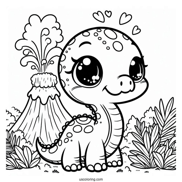 Kawaii Parasaurolophus Coloring Page With Volcano For Preschoolers