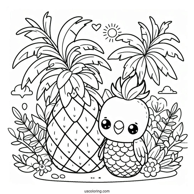 Kawaii Pineapple Coloring Page With Parrot in Tropical Jungle For Kids