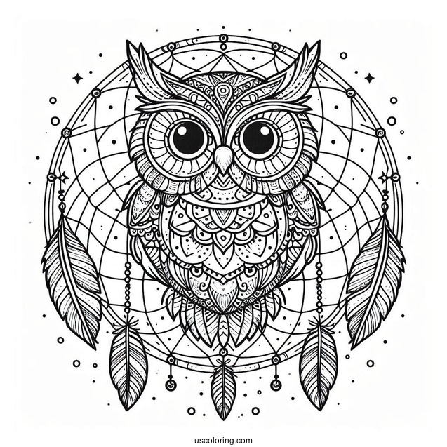 Owl Mandala Dreamcatcher Coloring Page