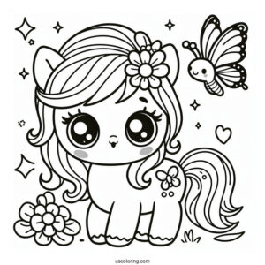 Cute Kawaii Horse With Butterfly To Color