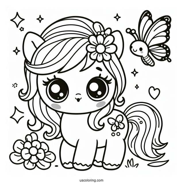 Cute Kawaii Horse With Butterfly To Color