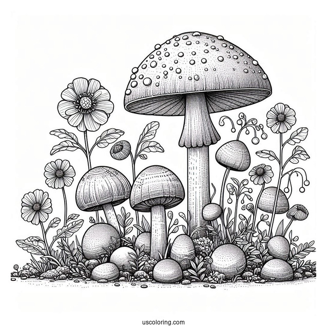 Realistic Mushroom Coloring Page Growing With Flowers