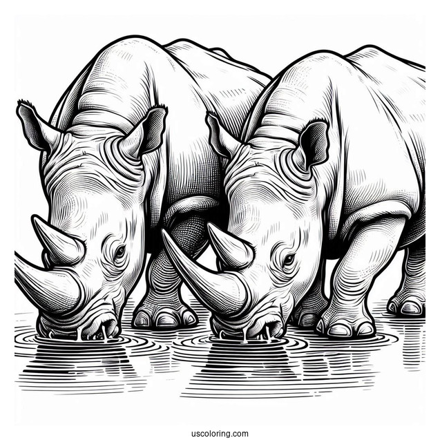 Two Rhinos Drinking Water To Color