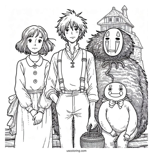 Studio Ghibli Coloring Page of Markl, Hin, and Scarecrow From Howl s Moving Castle