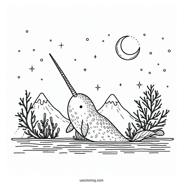 Detailed Narwhal Coloring Page In The Arctic To Color
