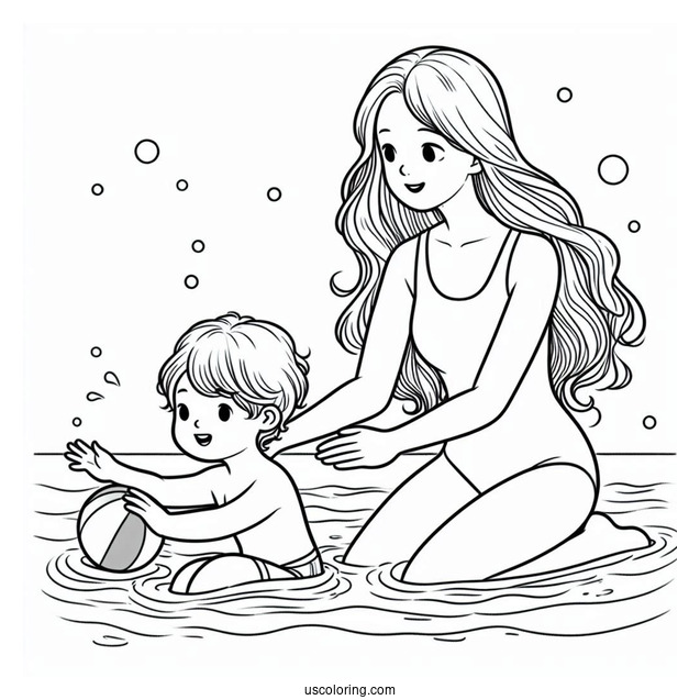 Swimming Coloring Page Of Mother Teaching Son To Swim