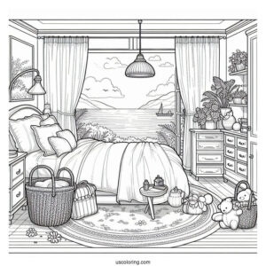 Tidy Bedroom Coloring Page With Scenic Ocean View