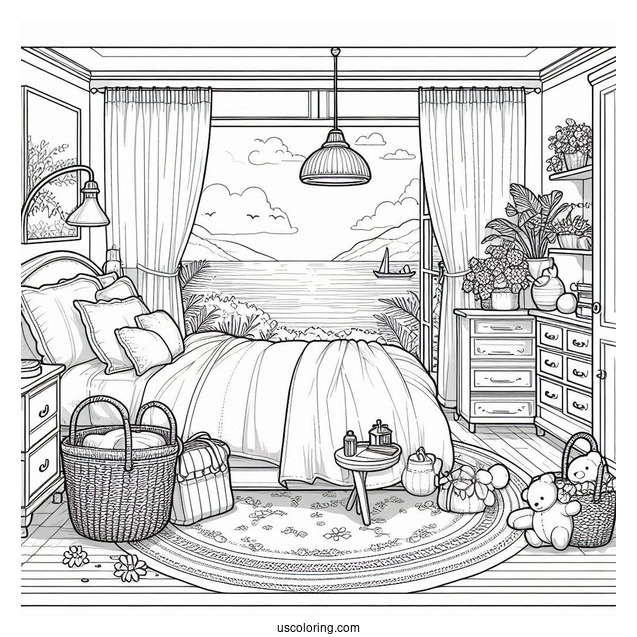 Tidy Bedroom Coloring Page With Scenic Ocean View