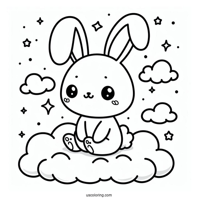 Kawaii Rabbit Coloring Page Sitting On The Clouds