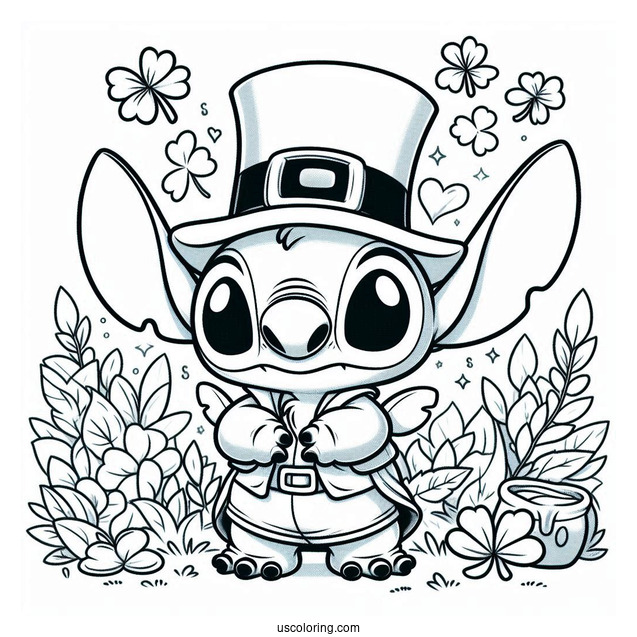 St. Patrick's Day Coloring Page Of Cute Stitch Dressed As A Leprechaun For Preschoolers