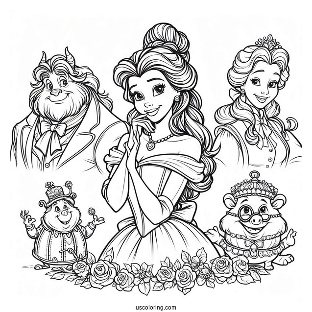 Belle With Cogsworth, Chip, Mrs Potts And The Beast
