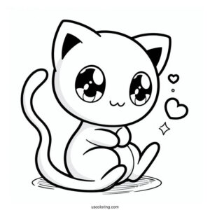 Kawaii Mew Coloring Page With Heart Shaped Tail For Preschoolers