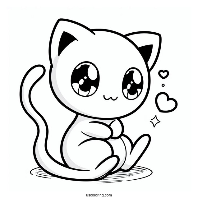 Kawaii Mew Coloring Page With Heart Shaped Tail For Preschoolers