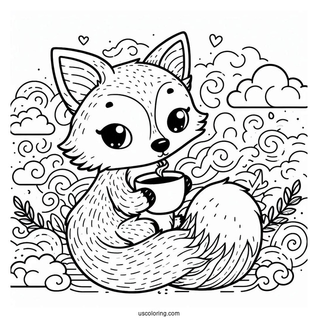 Detailed Fox Coloring Page Holding Cup In Clouds