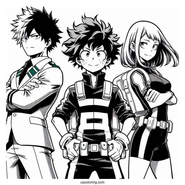 My Hero Academia Coloring Page Of Izuku, Ochako, And Shouto