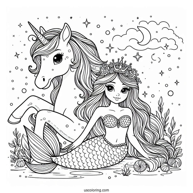 Mermaid Princess Coloring Page Sitting On Unicorn