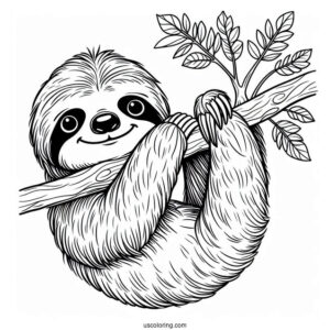 Smiling Sloth Hanging From Tree Branch To Color