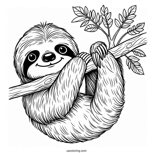 Smiling Sloth Hanging From Tree Branch To Color