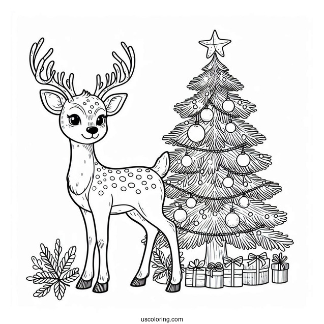 Adult Reindeer Next To Christmas Tree