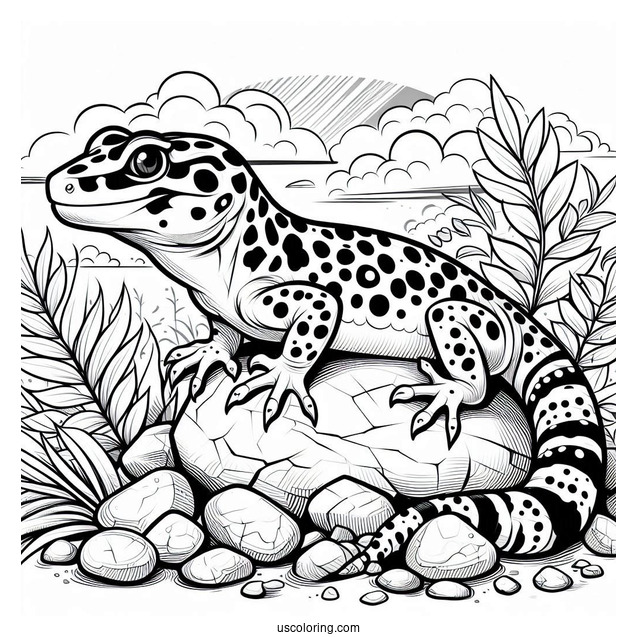 Leopard Gecko Lizard Coloring Page On Rocks