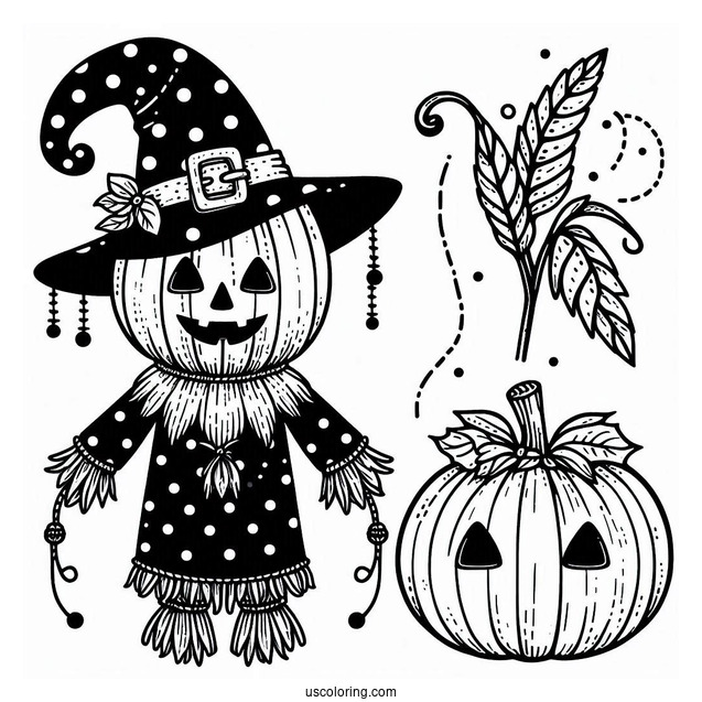 Jack O Lantern Scarecrow Coloring Page Wearing A Polka Dot Witch Hat