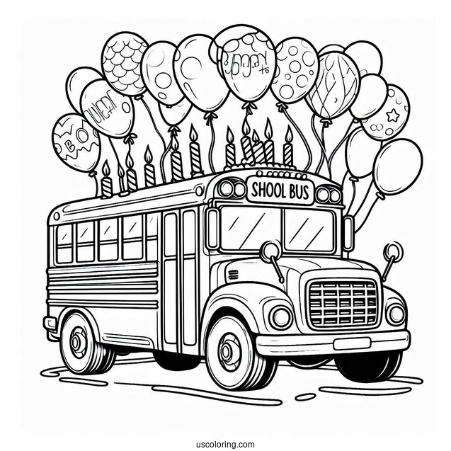 Happy Birthday School Bus Coloring Page With Balloons