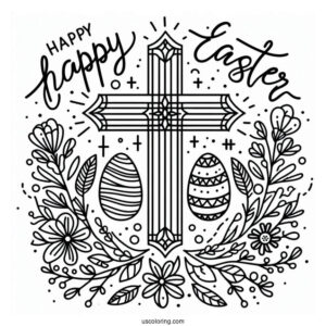Happy Easter Words With Cross Coloring Page For Kids
