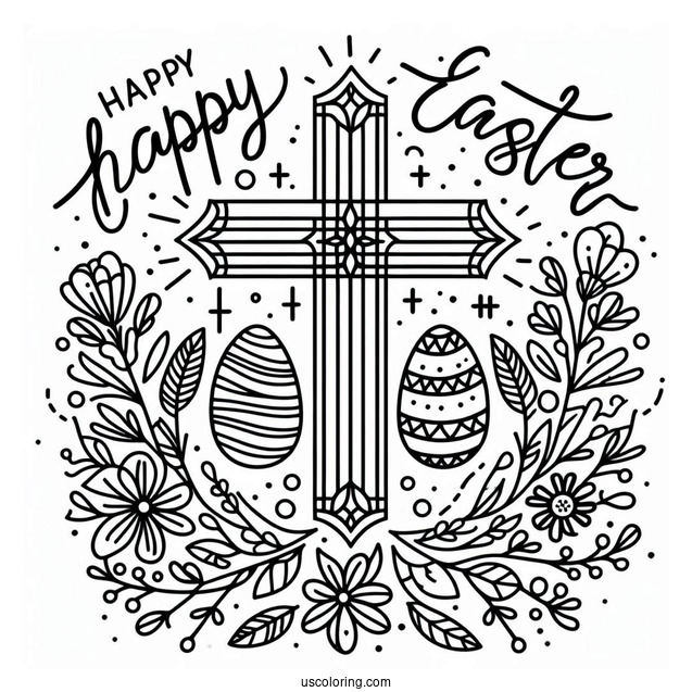 Happy Easter Words With Cross Coloring Page For Kids