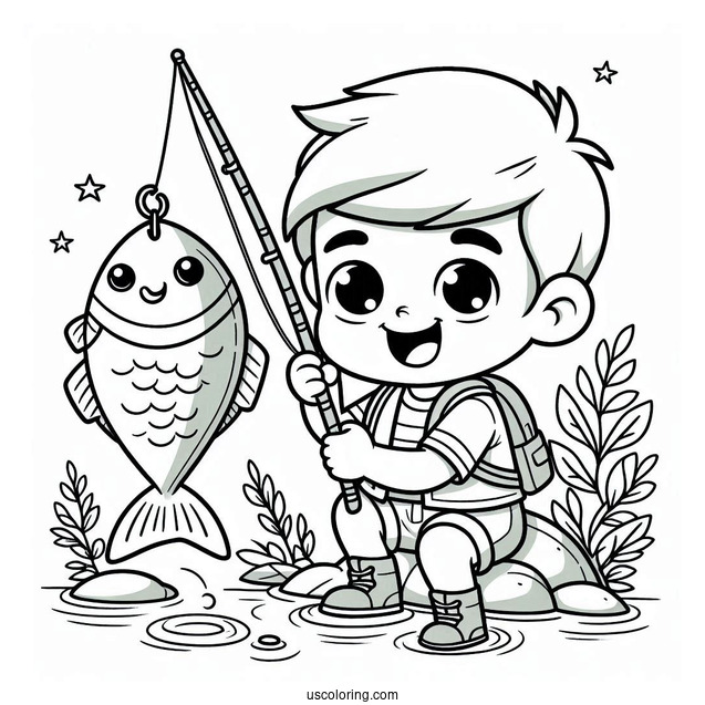 Fishing Coloring Page Of Boy Holding Up Fish With A Hook For Preschoolers