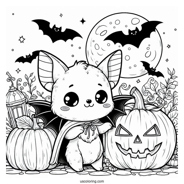 Cartoon Bat Coloring Page Holding Jack O Lantern