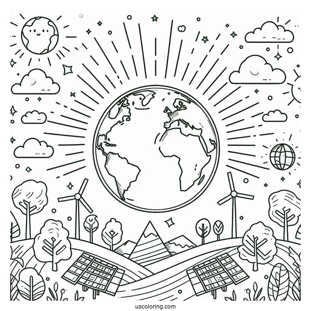 Earth Surrounded By Trees, Windmills, And Solar Panels